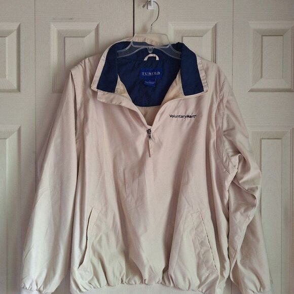 Turfer Light Tan with Navy Trim Golf Jacket with Zip off Sleeves Size Large - Picture 6 of 7